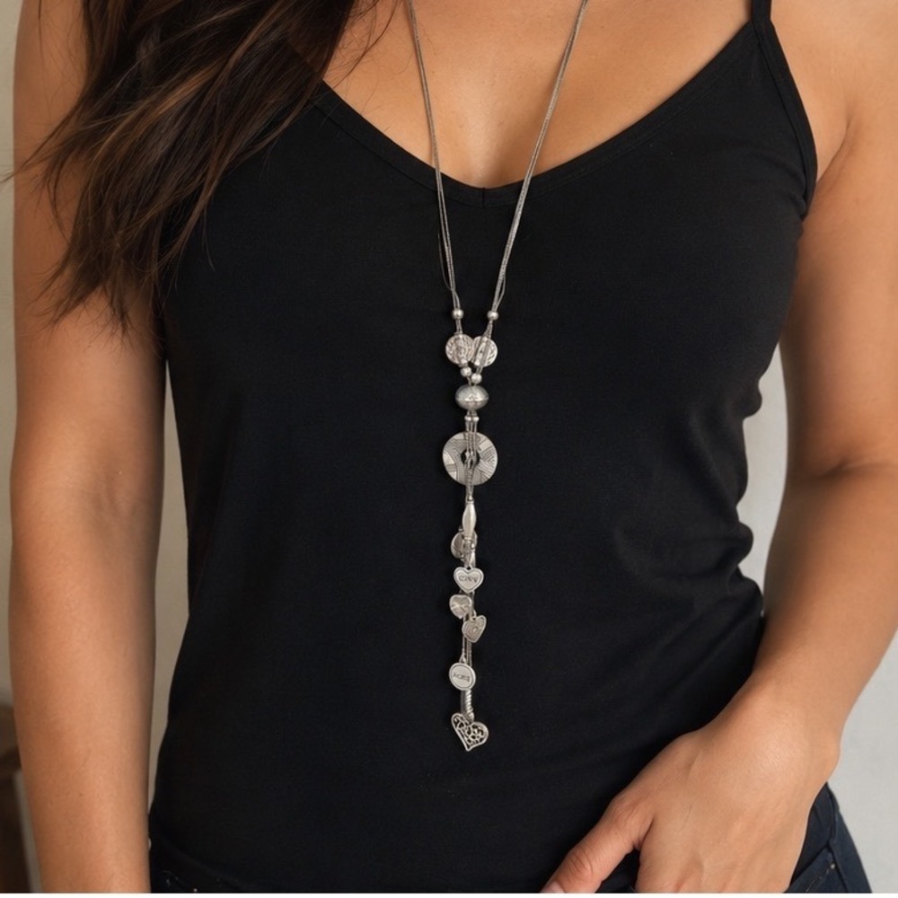 Lia Sophia Long Charm Necklace Womens OS Silver Good Love Hope Heart Boho Y-Drop